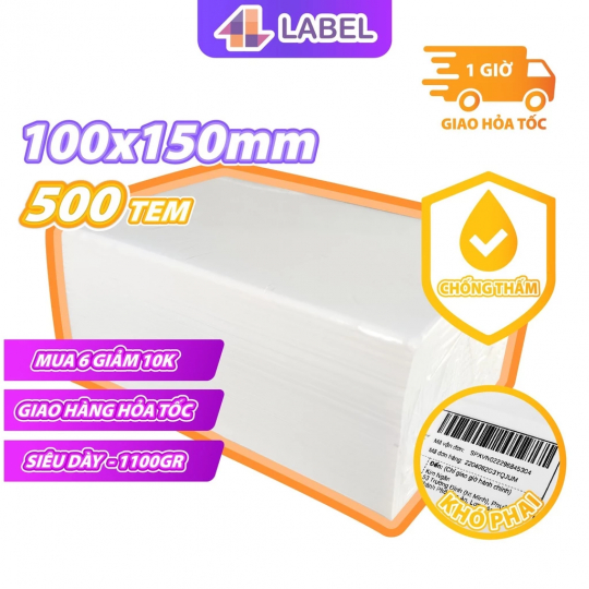 Giấy in đơn hàng TMDT A6 100x150 dạng tệp 500 tem loại dày đế 60gsm, nặng1100gram, loại mỏng đế 40gsm, nặng 900gram