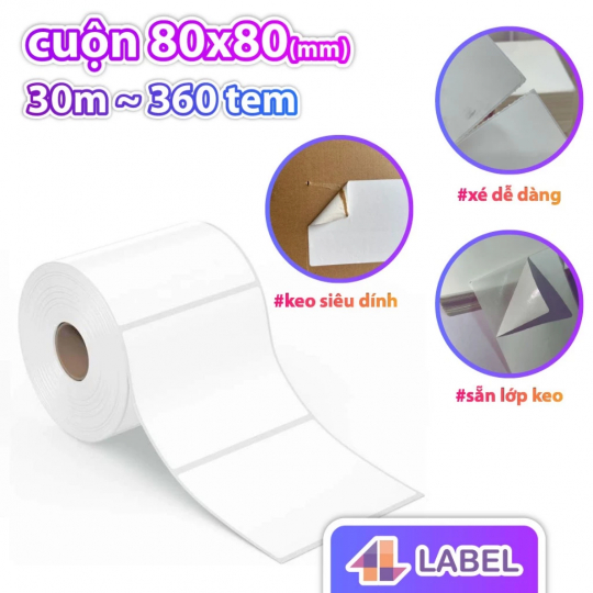 Giấy In Nhiệt 80x80 mm dạng cuộn, in tem GHN, GHTK, Có keo sẵn, tem vận chuyển 8*8, decal nhiệt 80*80, giấy in tem 8x8