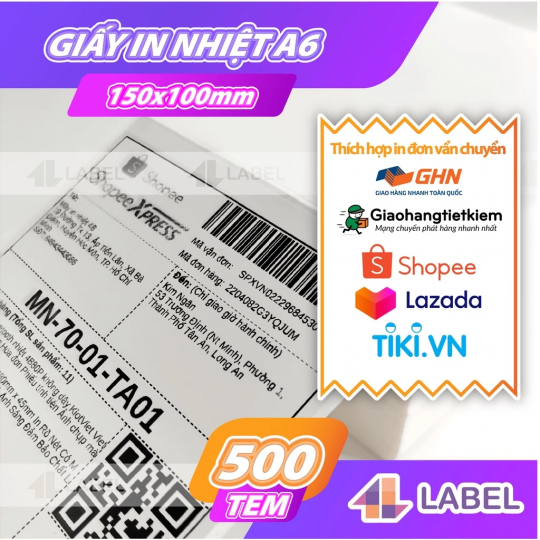 Giấy in nhiệt A6 100x150 dạng cuộn, 350 tem, loại dày đẹp có Topcoat, chuyên dùng in đơn hàng, mã vận đơn, logo, tem phụ