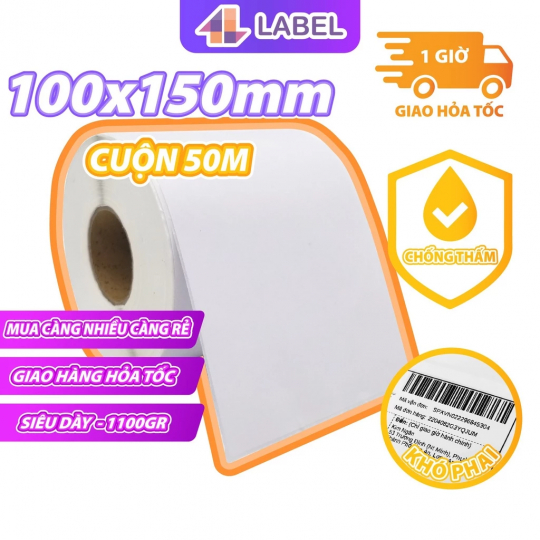 Giấy in nhiệt A6 100x150 dạng cuộn, 350 tem, loại dày đẹp có Topcoat, chuyên dùng in đơn hàng, mã vận đơn, logo, tem phụ