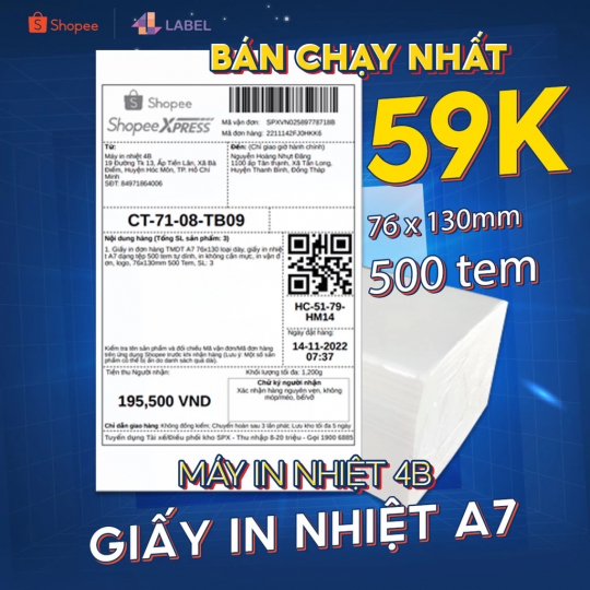 Giấy in đơn hàng TMDT A7 76x130 loại dày, giấy in nhiệt A7 dạng tệp 500 tem tự dính, in không cần mực, in vận đơn, logo