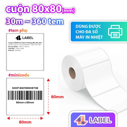 Giấy In Nhiệt 80x80 mm dạng cuộn, in tem GHN, GHTK, Có keo sẵn, tem vận chuyển 8*8, decal nhiệt 80*80, giấy in tem 8x8