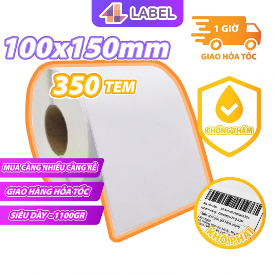 Giấy in nhiệt A6 100x150 dạng cuộn, 350 tem, loại dày đẹp có Topcoat, chuyên dùng in đơn hàng, mã vận đơn, logo, tem phụ