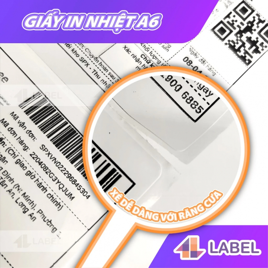 Giấy in nhiệt A6 100x150 dạng cuộn, 350 tem, loại dày đẹp có Topcoat, chuyên dùng in đơn hàng, mã vận đơn, logo, tem phụ