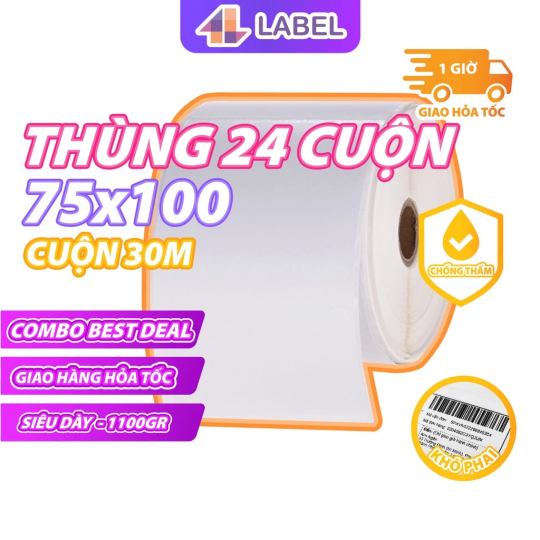 Combo 24 cuộn 75x100, tem nhiệt A7 75x100 Có Sẵn Lớp Dán, Chống nước, Giấy dày, In Đơn Shopee