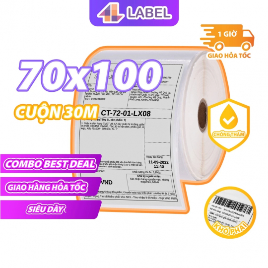 Giấy in nhiệt A7 70x100 dạng cuộn 30m, tem nhiệt 4B Label chuyên dùng in đơn hàng TMDT, siêu tiết kiệm