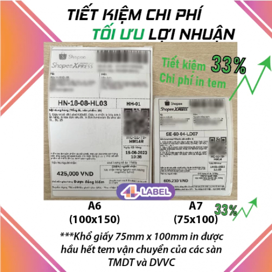 Xấp 25 Tem in nhiệt A6 100x150, A7 76mm x 130mm, A7 75mm x 150mm, 75x100, 76x130
