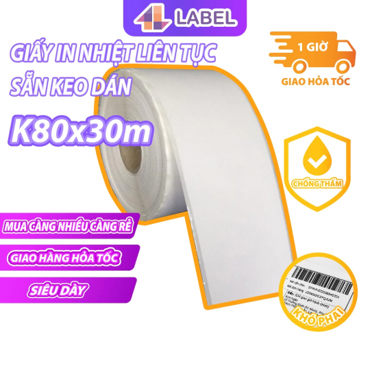 Giấy in nhiệt k80 bóc dán,giấy in liên tục in bill livestream dành cho máy tự cắt khổ 80mm 8cm[LIÊN TỤC CUỘN BỰ CÓ KEO]
