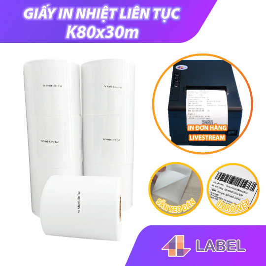 Giấy in nhiệt k80 bóc dán,giấy in liên tục in bill livestream dành cho máy tự cắt khổ 80mm 8cm[LIÊN TỤC CUỘN BỰ CÓ KEO]