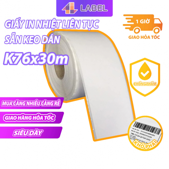 Giấy in nhiệt k76 bóc dán,giấy in liên tục in bill livestream dành cho máy tự cắt khổ 76mm 7.6cm[LIÊN TỤC CUỘN BỰ CÓ K]