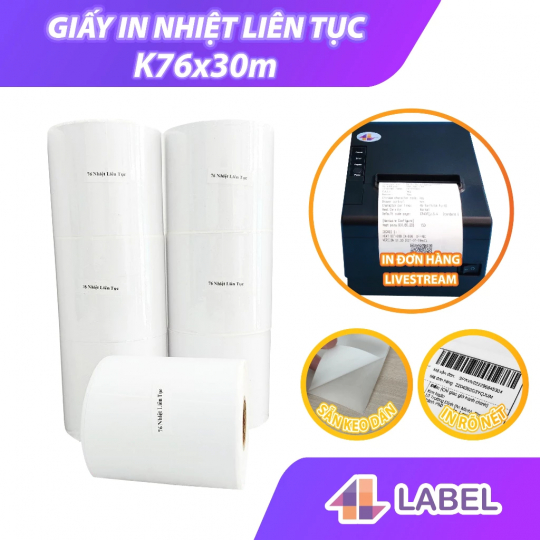 Giấy in nhiệt k76 bóc dán,giấy in liên tục in bill livestream dành cho máy tự cắt khổ 76mm 7.6cm[LIÊN TỤC CUỘN BỰ CÓ K]