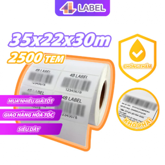 Cuộn in mã vạch, tem nhiệt khổ 2 tem 72x22, 70x22, 35x22 mm, 2 tem/hàng, 2000 tem. Tem in sản phẩm, tem in giá