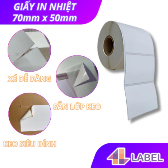 Giấy in nhiệt 70x50 dạng cuộn 30m, tem nhiệt 7x5 có keo sẵn, tem vận chuyển 70x50mm vnpost