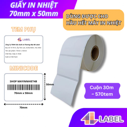 Giấy in nhiệt 70x50 dạng cuộn 30m, tem nhiệt 7x5 có keo sẵn, tem vận chuyển 70x50mm vnpost