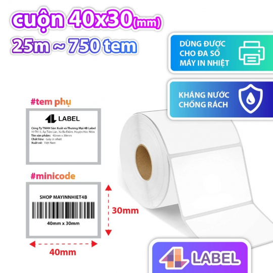 DECAL NHỰA NHIỆT 40x30 cuộn 25m - TEM KHÁNG NƯỚC CÓ KEO SẴN - dùng cho hàng đông lạnh, tem trà sữa, tem phụ