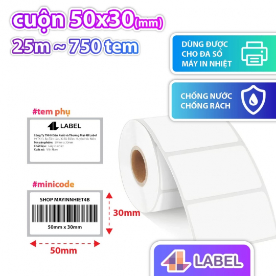 TEM NHỰA NHIỆT 50x30 cuộn 25m - DECAL CHỐNG NƯỚC CÓ KEO SẴN - dùng cho hàng đông lạnh, tem trà sữa