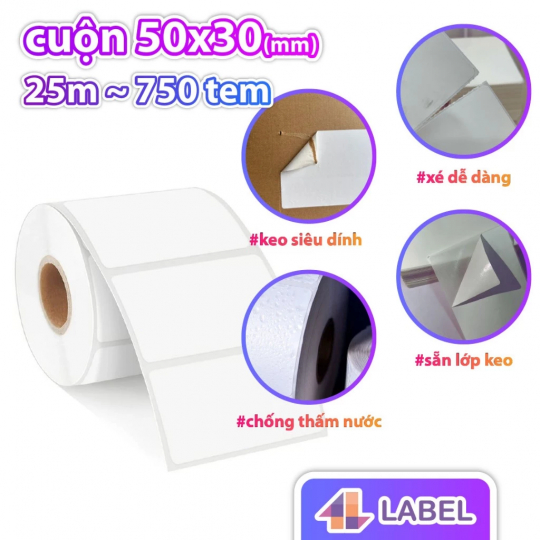TEM NHỰA NHIỆT 50x30 cuộn 25m - DECAL CHỐNG NƯỚC CÓ KEO SẴN - dùng cho hàng đông lạnh, tem trà sữa