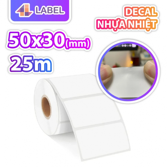 TEM NHỰA NHIỆT 50x30 cuộn 25m - DECAL CHỐNG NƯỚC CÓ KEO SẴN - dùng cho hàng đông lạnh, tem trà sữa