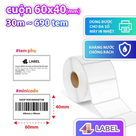 TEM NHỰA NHIỆT 60x40 cuộn 30m - DECAL CHỐNG NƯỚC CÓ KEO SẴN - dùng cho hàng đông lạnh, tem đồ gỗ